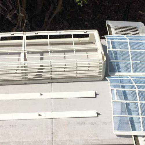A fully cleaned air conditioner system. Aircon unit has been disassembled to showcase clean results.